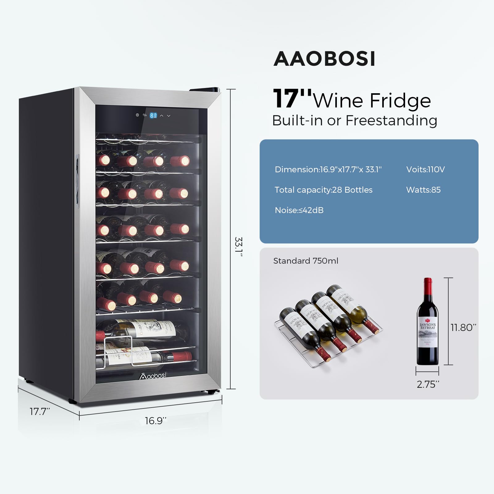 AAOBOSI Wine Fridge, 28 Bottle Wine Cooler 46-66℉ Beverage Wine Refrigerator, Glass Door Free Standing Mini Wine Cellar Aging Red,White, Champagne, Sparkling Wine for Bar, Home, Condo with Adjust Temp