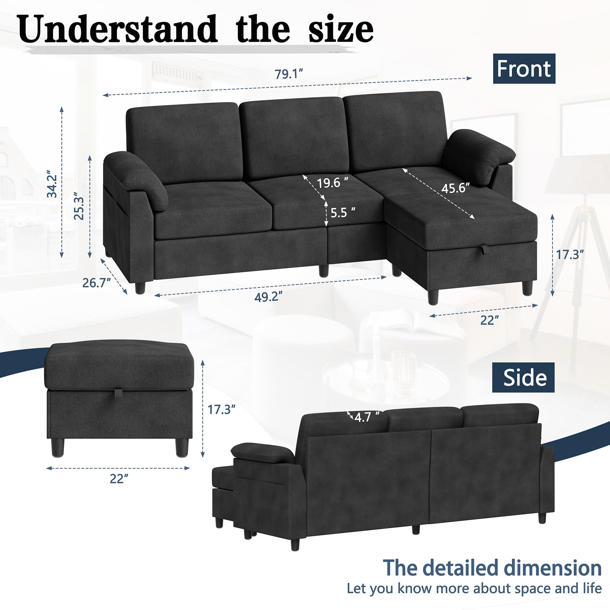 Meilocar 79" Sectional Sofa Couch, Sectional Couch with Storage Ottoman, Convertible L Shaped Couch with Armrests Side Storage Pockage, 3-Seat Sofa Couches for Living Room, Apartment, Black