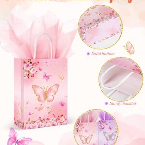 LWBDD 16 Pcs Butterfly Party Favors Gift Bags Goodie Bags, Pink Purple Treat Candy Bags; small size Paper Bags with Handles & Tissue Paper for Girls Butterfly Birthday Party Supplies Baby Shower