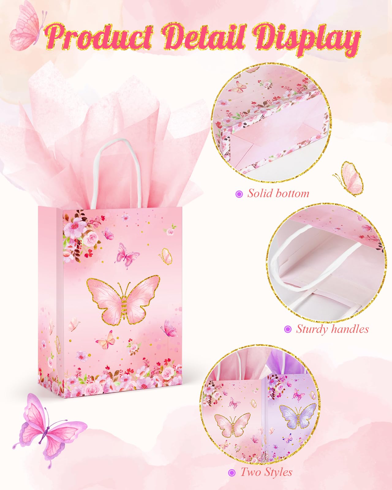 LWBDD 16 Pcs Butterfly Party Favors Gift Bags Goodie Bags, Pink Purple Treat Candy Bags; small size Paper Bags with Handles & Tissue Paper for Girls Butterfly Birthday Party Supplies Baby Shower