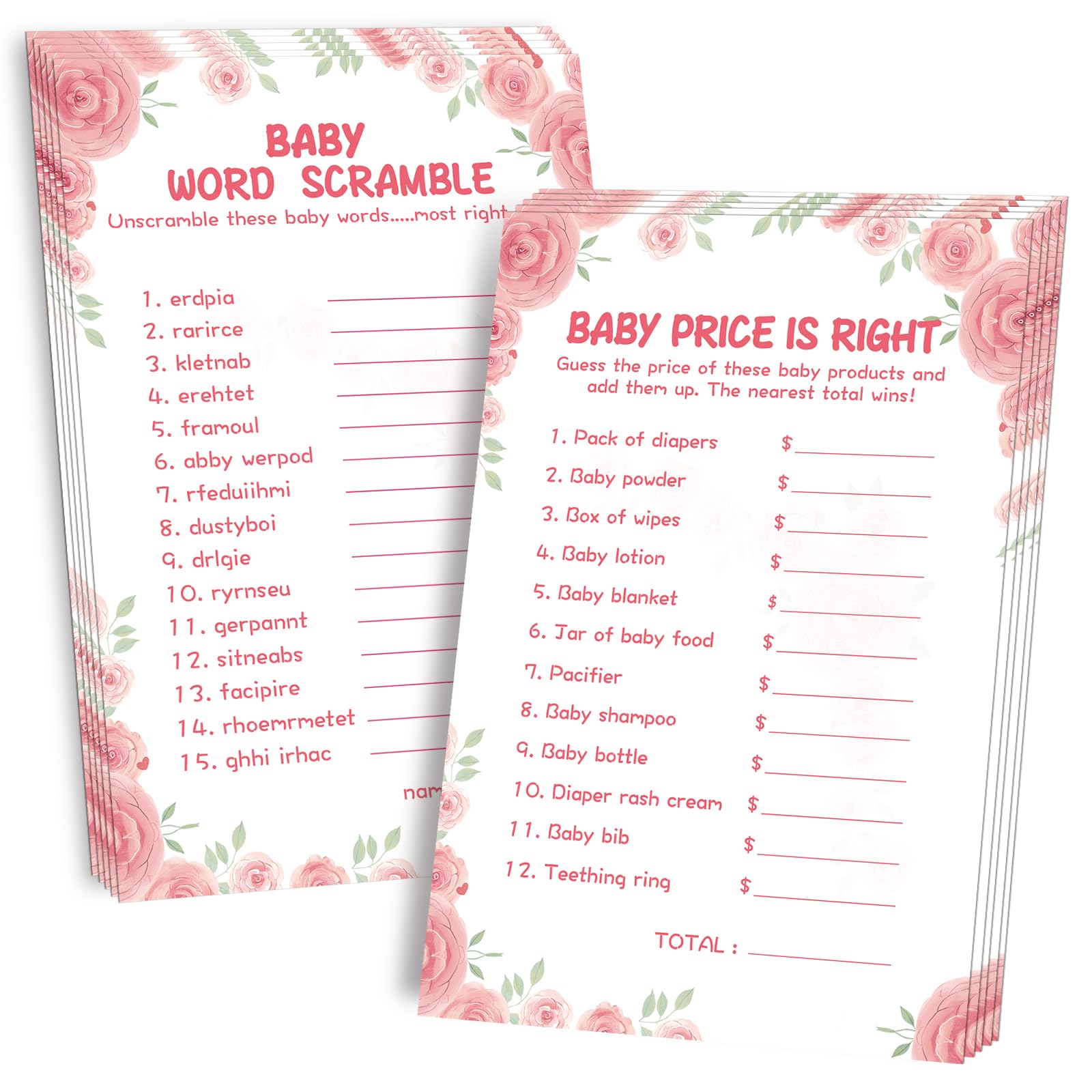 OLOUTAB Baby Shower Games for Girl-2 Games(50 of Each),Baby Shower Word Scramble Game&Price is Right,Double-Sided,Thick Cardboard,Fun,Hilarious,with Answer Keys