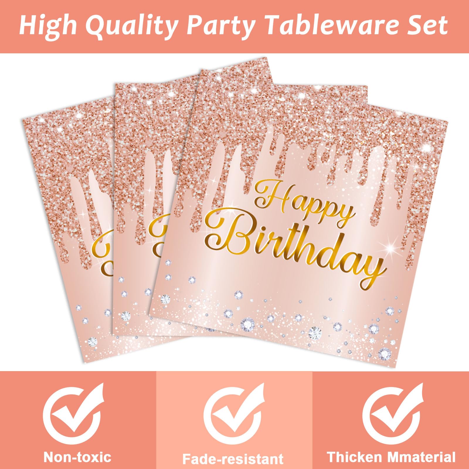 96 Pieces Happy Birthday Tableware Set for Pink Rose Gold Birthday Table Decorations Supplies Rose Gold Birthday Dessert Plates Napkins Forks for Women 24 Guests Birthday Disposable Party Favors