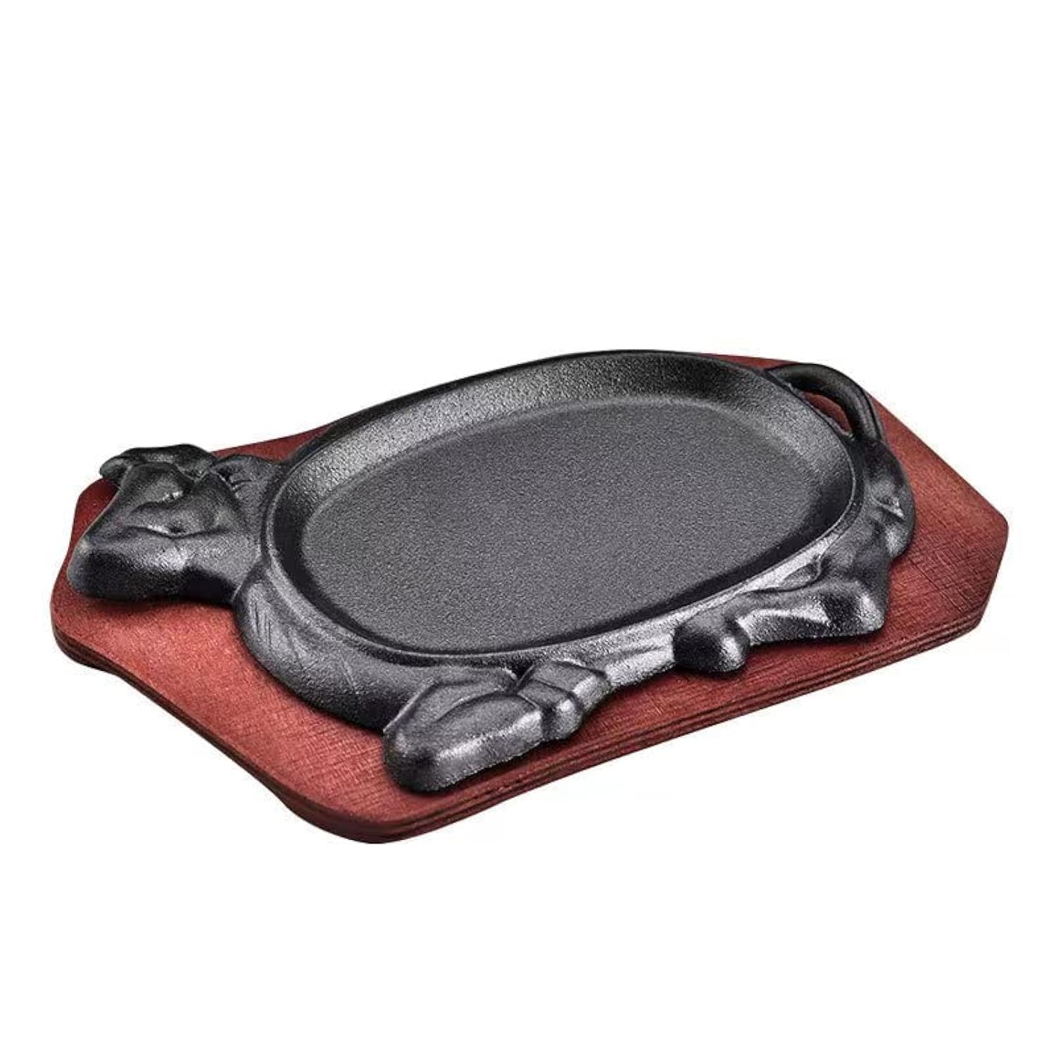 YYJINGYOU Cattle Cast Iron Steak Fajita Plate Set with wood Plate for Steak Pizza (10 x 7 inch)