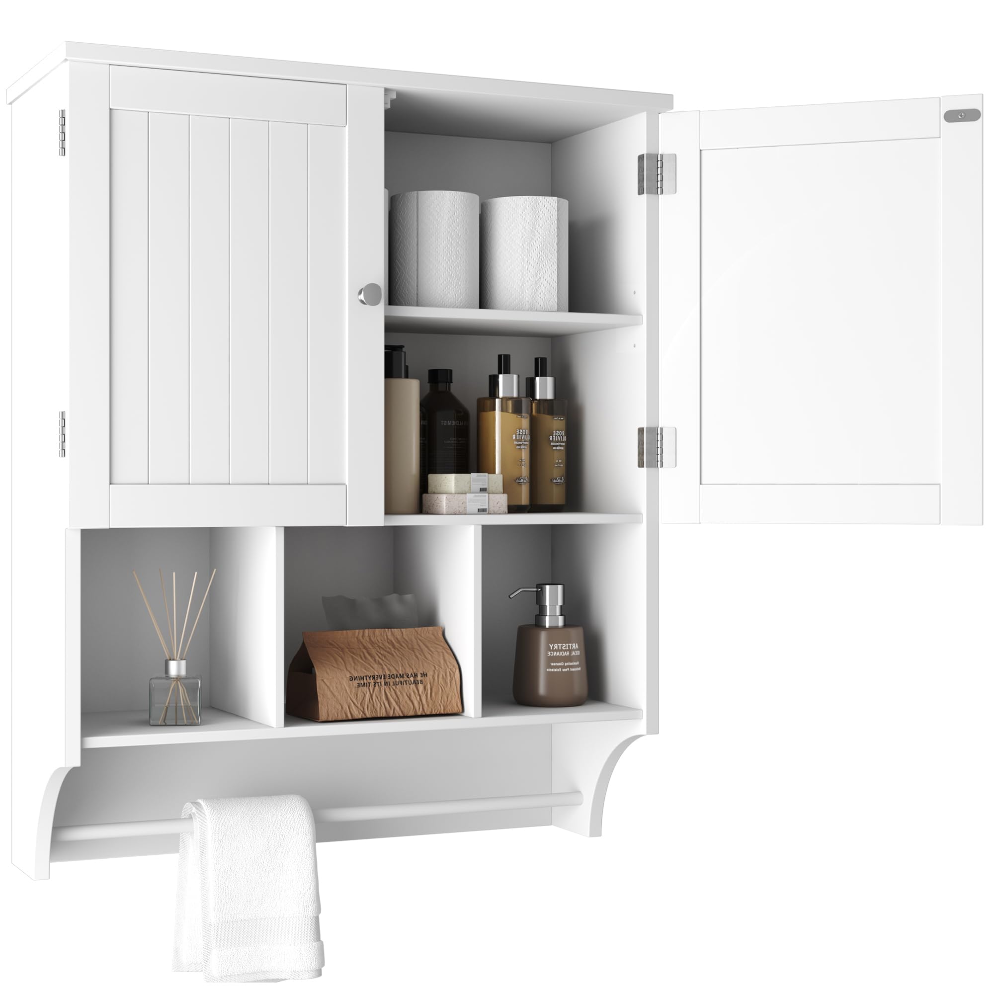 HOMEFORT Bathroom Wall Cabinet Medicine Cabinets Over The Toilet Storage Cabinet with Towels Bar 2 Door Adjustable Shelves Large Space for Bathroom Wall Mounted White