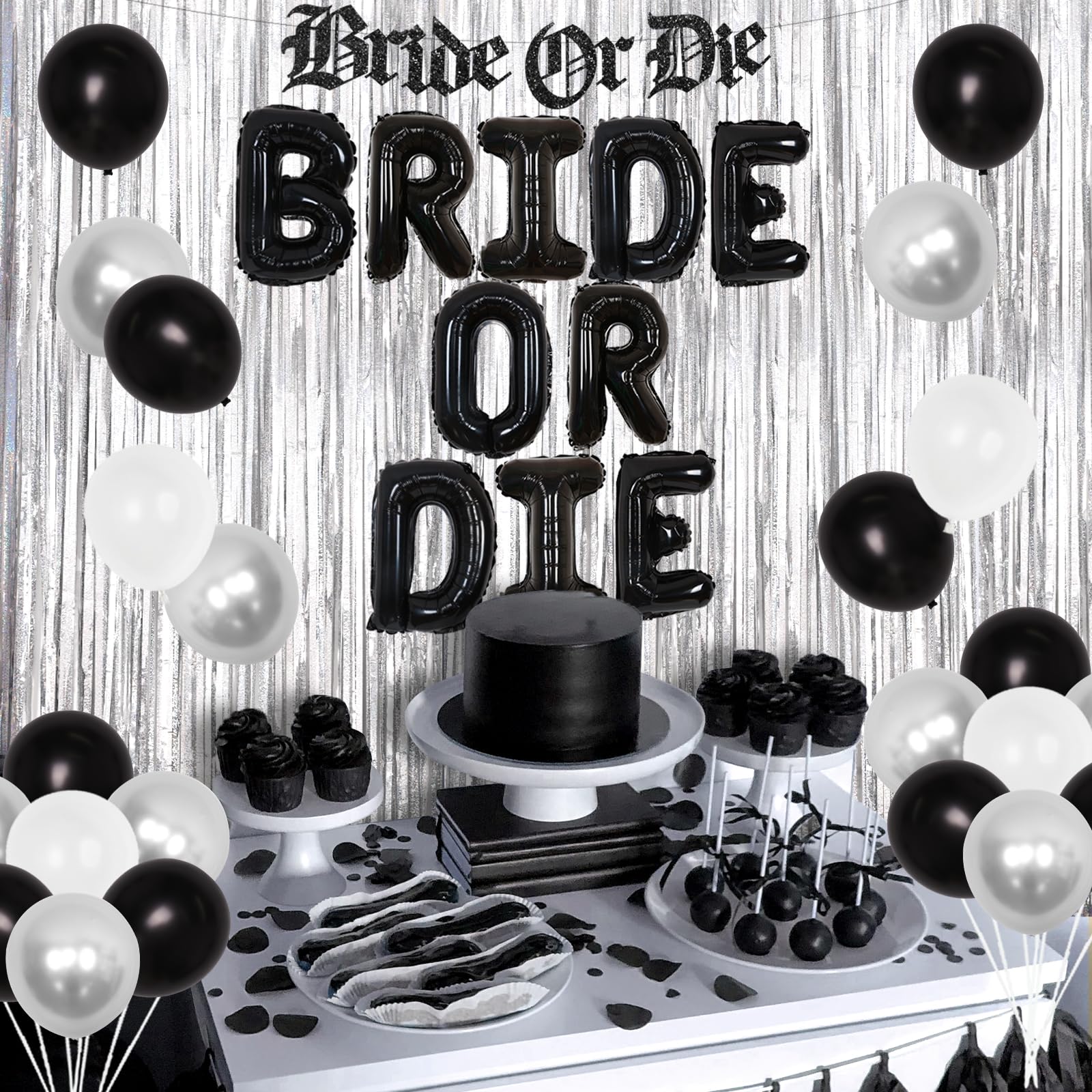 Bride or Die Bachelorette Party Decorations Black and Silver Gothic Bridal Shower Decorations Bride to Be Sash Banner Foil Fringe Balloons for Hen Engagement Wedding Party Supplies