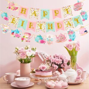 Floral Tea Happy Birthday Party Banner Tea Party Hanging Decorations 3Pcs Tea Cutout Banners Teapot Banners for Afternoon Tea Time Theme Baby Shower Supplies