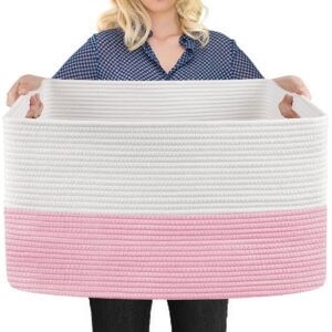 megasket xxxl pink storage basket, 23.6" x 15.7" x 14.1" rectangle cotton rope basket, extra large blanket basket, kids toy basket bins, wicker woven basket, decorative basket gift for nursery storage