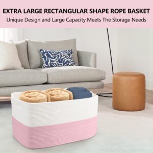 MEGASKET XXXL Pink Storage Basket, 23.6" x 15.7" x 14.1" Rectangle Cotton Rope Basket, Extra Large Blanket Basket, Kids Toy Basket Bins, Wicker Woven Basket, Decorative Basket Gift for Nursery Storage