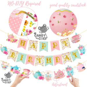 Floral Tea Happy Birthday Party Banner Tea Party Hanging Decorations 3Pcs Tea Cutout Banners Teapot Banners for Afternoon Tea Time Theme Baby Shower Supplies