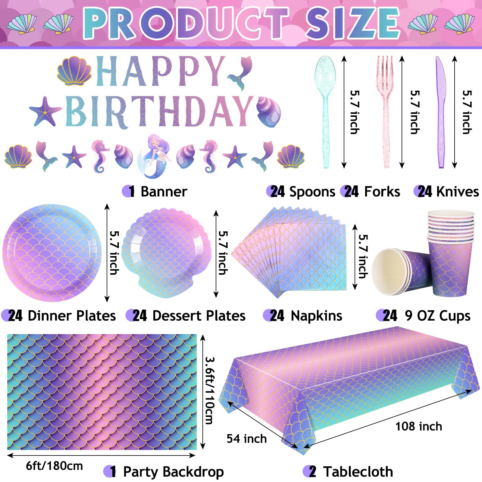 Roshtia 172 Pcs Mermaid Birthday Party Supplies (Serve 24) Disposable Mermaid Tableware Set for Girl Birthday Baby Shower Party with Plates, Cups, Napkins, Tablecloth, Backdrop, Banner