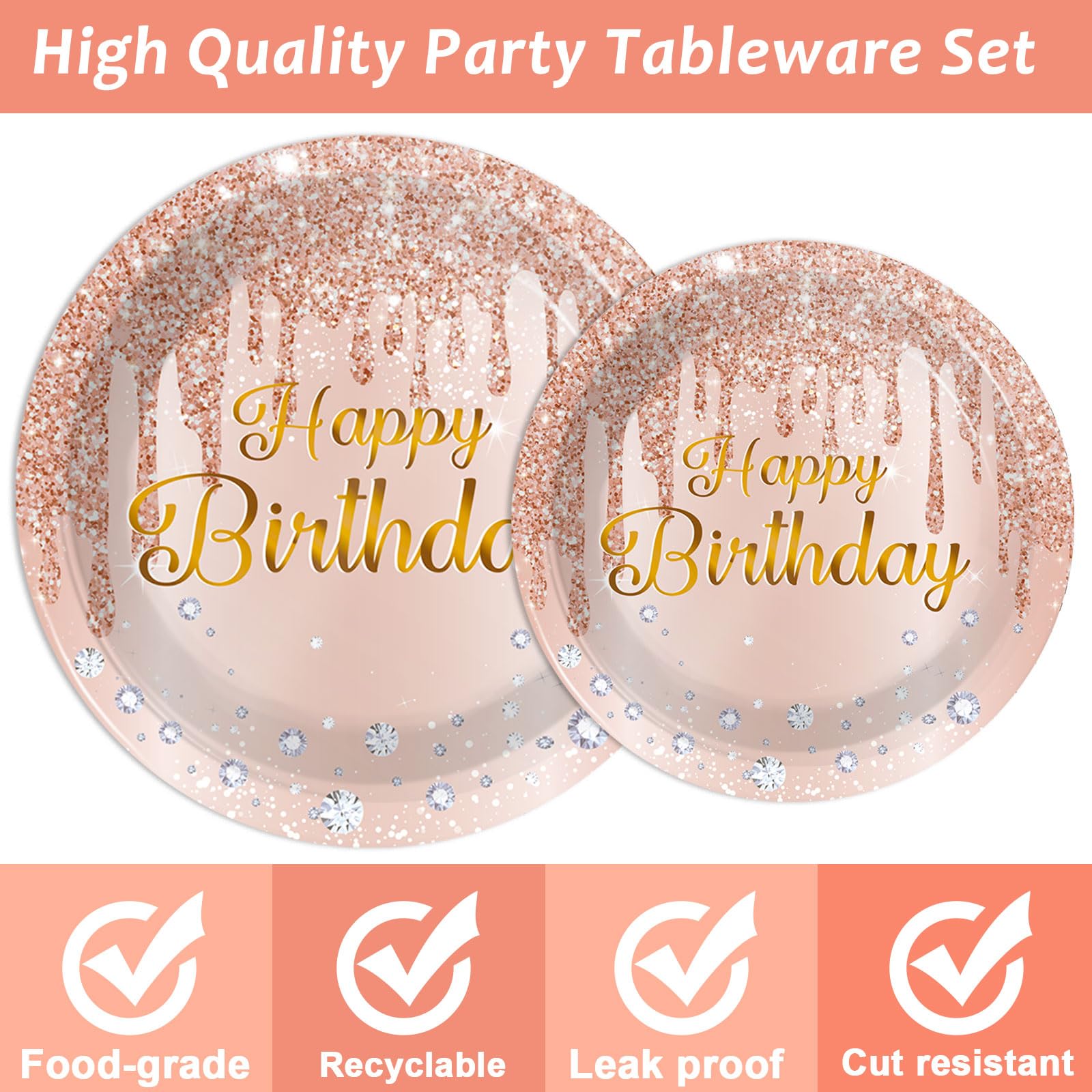 96 Pieces Happy Birthday Tableware Set for Pink Rose Gold Birthday Table Decorations Supplies Rose Gold Birthday Dessert Plates Napkins Forks for Women 24 Guests Birthday Disposable Party Favors