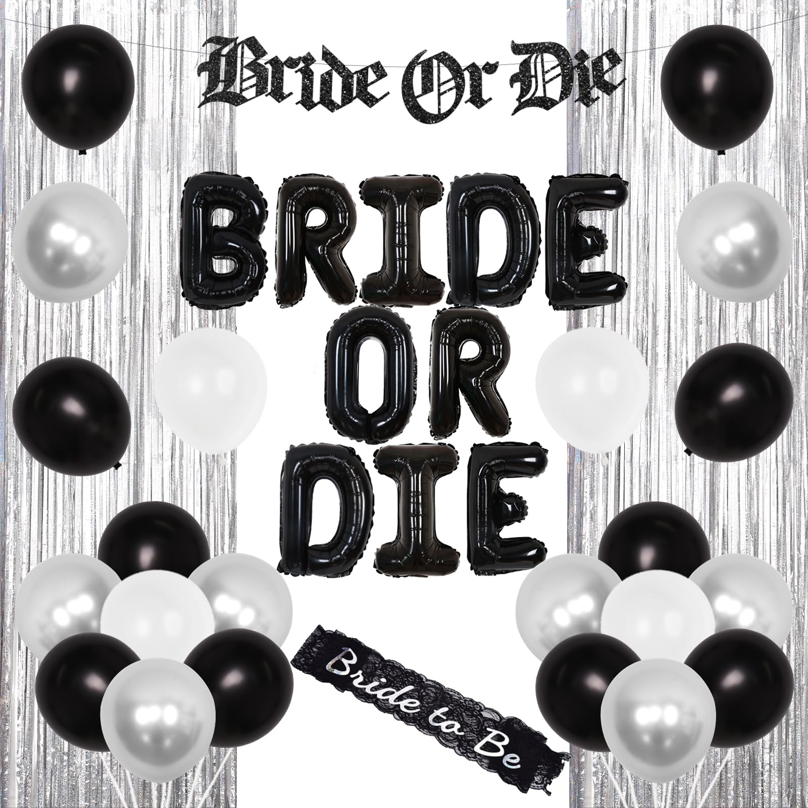 Bride or Die Bachelorette Party Decorations Black and Silver Gothic Bridal Shower Decorations Bride to Be Sash Banner Foil Fringe Balloons for Hen Engagement Wedding Party Supplies