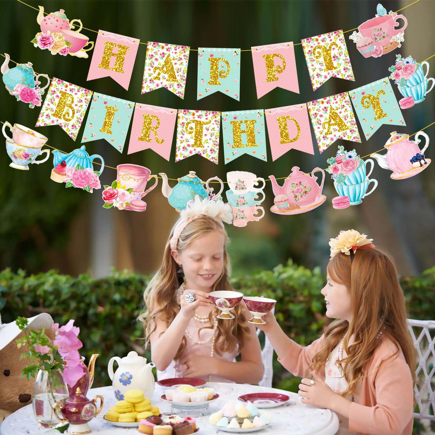 Floral Tea Happy Birthday Party Banner Tea Party Hanging Decorations 3Pcs Tea Cutout Banners Teapot Banners for Afternoon Tea Time Theme Baby Shower Supplies