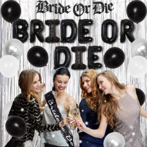 Bride or Die Bachelorette Party Decorations Black and Silver Gothic Bridal Shower Decorations Bride to Be Sash Banner Foil Fringe Balloons for Hen Engagement Wedding Party Supplies