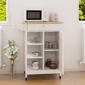 RASOO Kitchen Cart with Storage White Small Narrow Island Cart on Wheels Wood Top Storage Cabinet with Single Door and One Drawer Solid & 2 Open Shelves