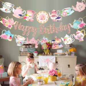 Tea Party Birthday Banner Rose Gold Tea Themed Happy Birthday Banners Floral Tea Birthday Party Decoration Teapot Cutout Banner for Afternoon Tea Baby Shower Supplies