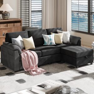 Meilocar 79" Sectional Sofa Couch, Sectional Couch with Storage Ottoman, Convertible L Shaped Couch with Armrests Side Storage Pockage, 3-Seat Sofa Couches for Living Room, Apartment, Black