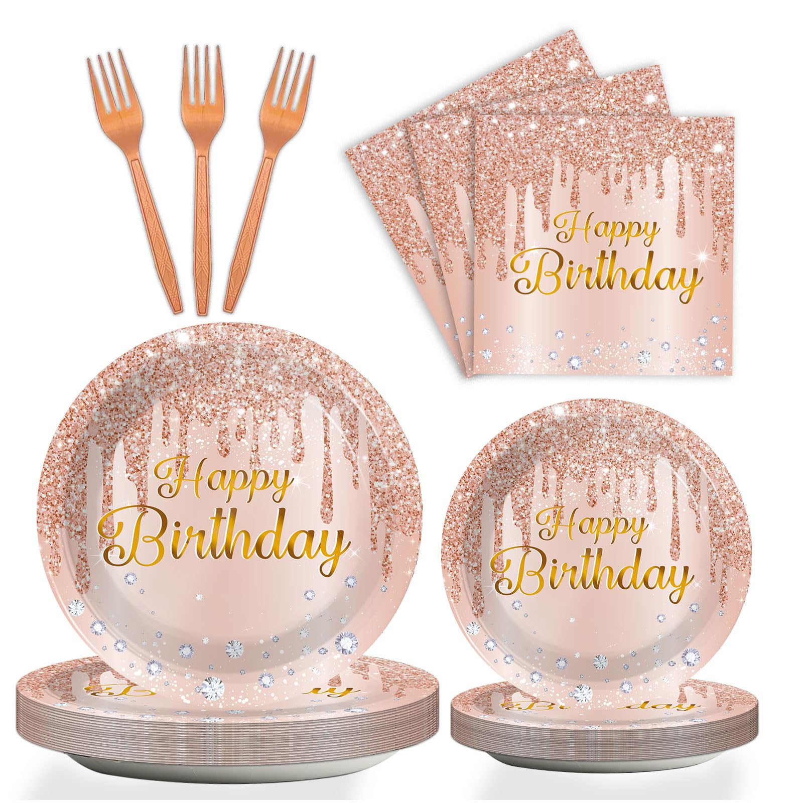 96 Pieces Happy Birthday Tableware Set for Pink Rose Gold Birthday Table Decorations Supplies Rose Gold Birthday Dessert Plates Napkins Forks for Women 24 Guests Birthday Disposable Party Favors