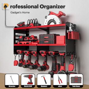 Spampur Power Tool Organizer with Charging Station, 6 Drill Holders Wall Mount, Heavy Duty Metal Premium Garage Tool Shelf, Gift for Man Cordless Tool Storage Rack with 4 Outlet Power Strip - Red