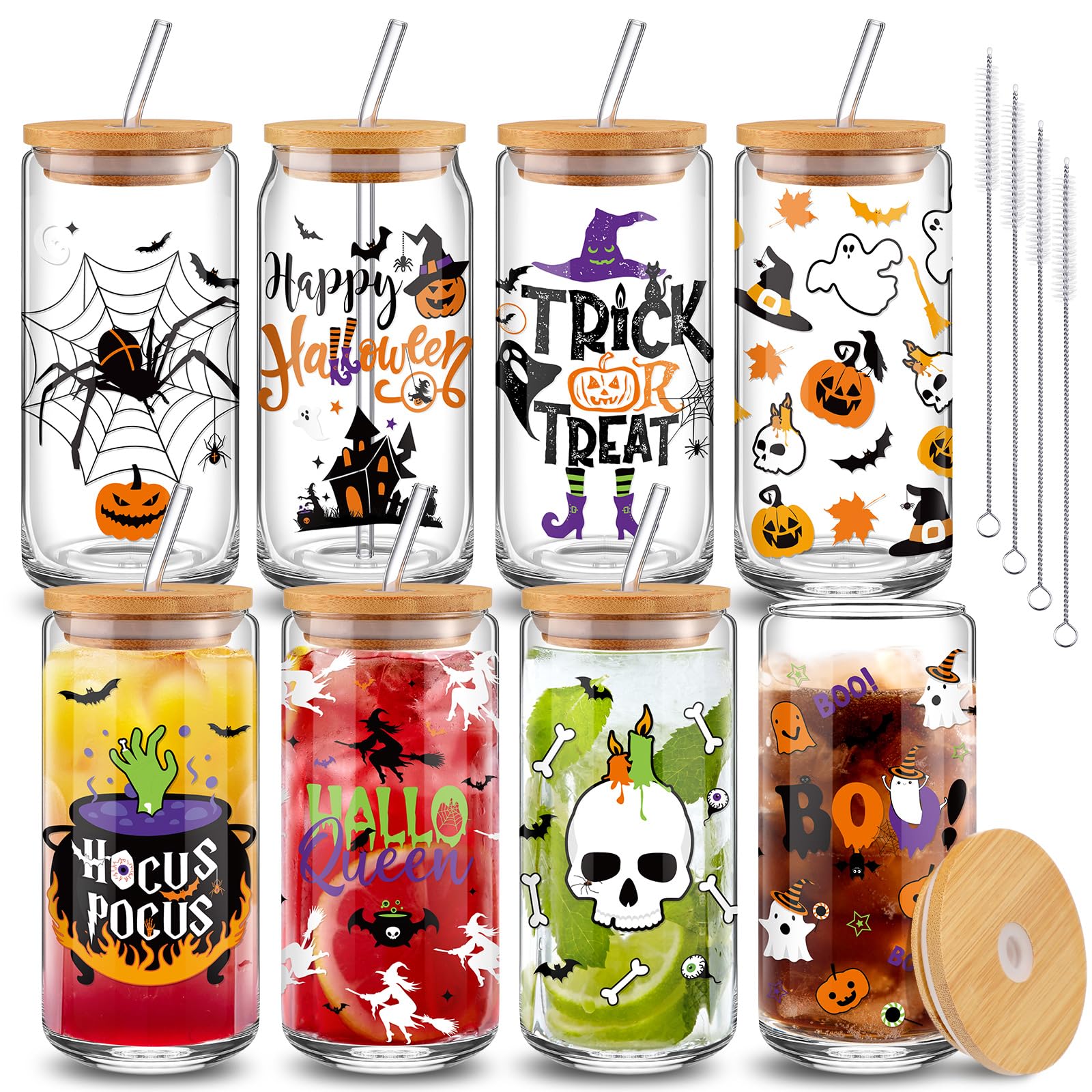 Umigy 8 Pcs 16oz Halloween Glass Tumbler Halloween Iced Coffee Cup with Bamboo Lids and Glass Straw Halloween Party Gift Spooky Pumpkin Bat Mason Glass Cup Cute Ghost Skull Glass Cup