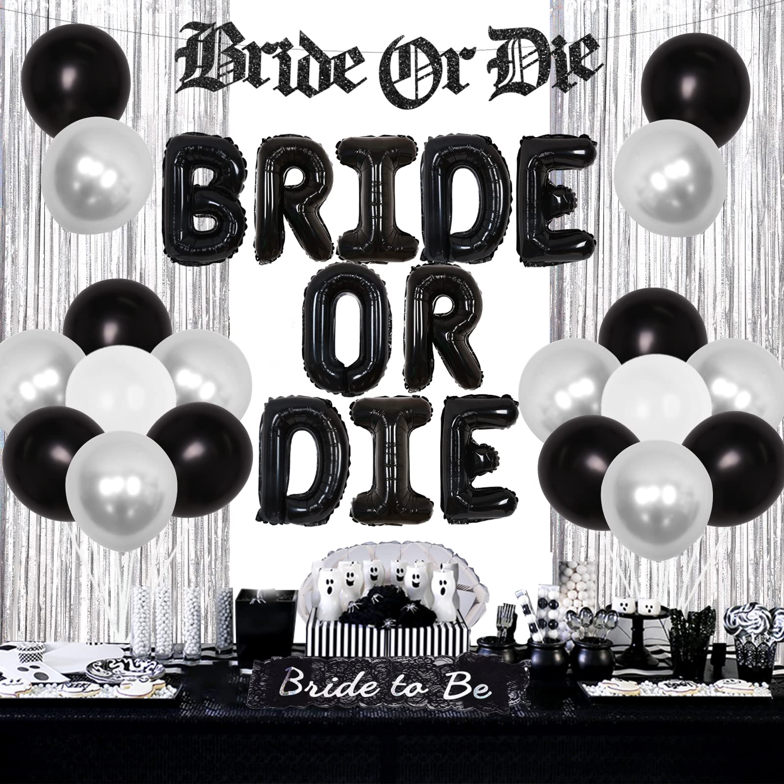 Bride or Die Bachelorette Party Decorations Black and Silver Gothic Bridal Shower Decorations Bride to Be Sash Banner Foil Fringe Balloons for Hen Engagement Wedding Party Supplies