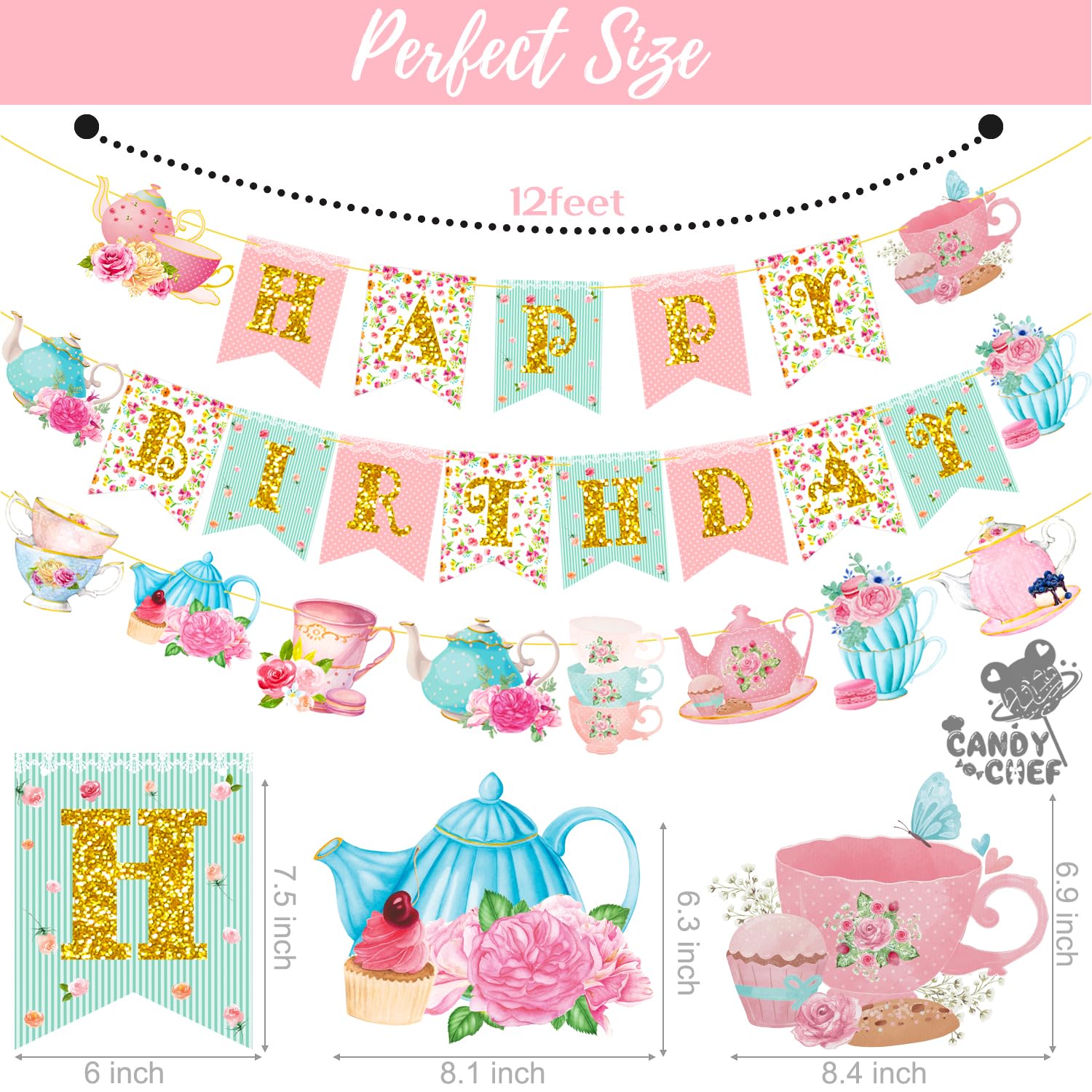 Floral Tea Happy Birthday Party Banner Tea Party Hanging Decorations 3Pcs Tea Cutout Banners Teapot Banners for Afternoon Tea Time Theme Baby Shower Supplies