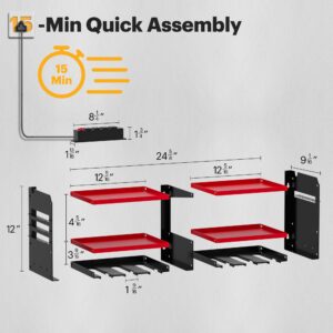 Spampur Power Tool Organizer with Charging Station, 6 Drill Holders Wall Mount, Heavy Duty Metal Premium Garage Tool Shelf, Gift for Man Cordless Tool Storage Rack with 4 Outlet Power Strip - Red