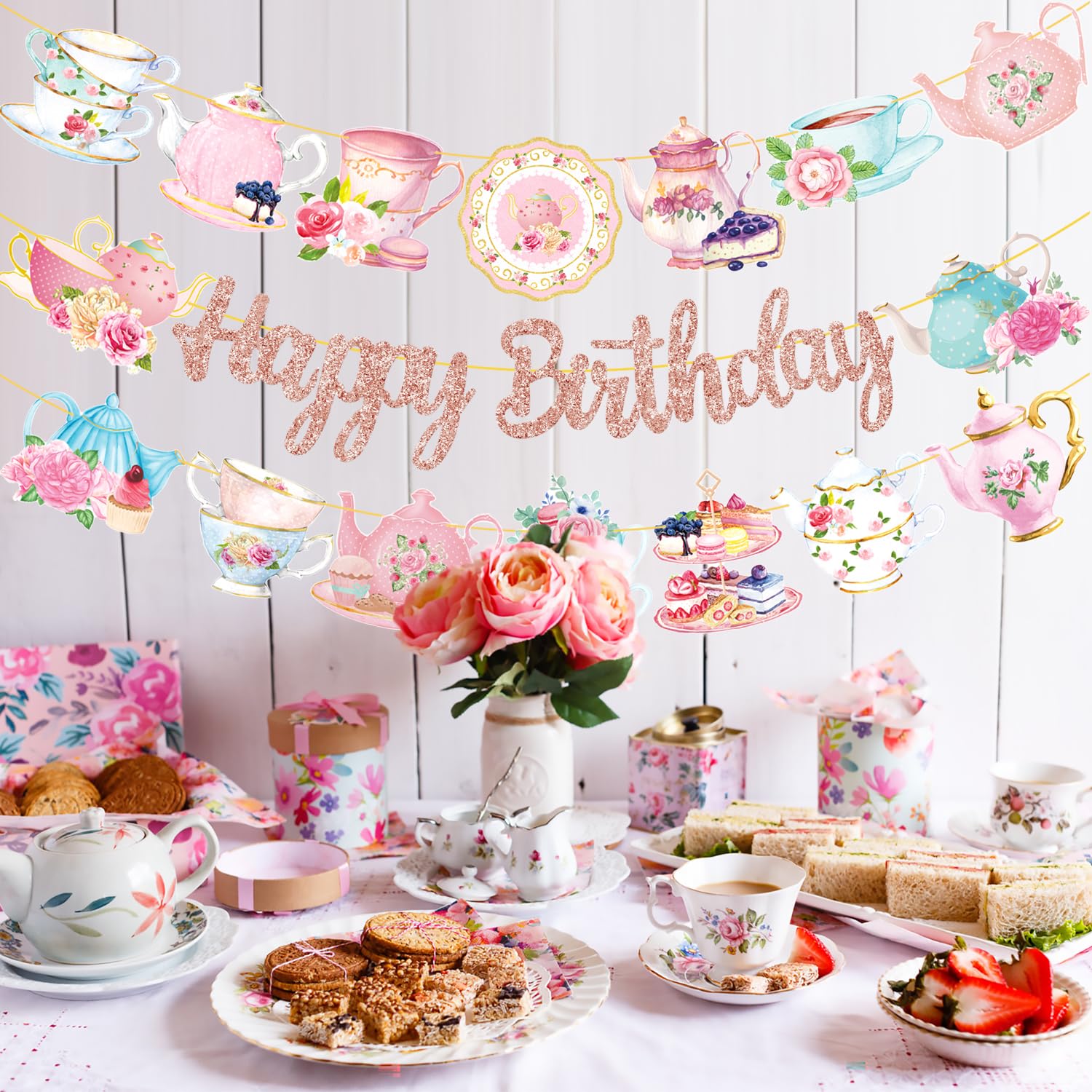 Tea Party Birthday Banner Rose Gold Tea Themed Happy Birthday Banners Floral Tea Birthday Party Decoration Teapot Cutout Banner for Afternoon Tea Baby Shower Supplies