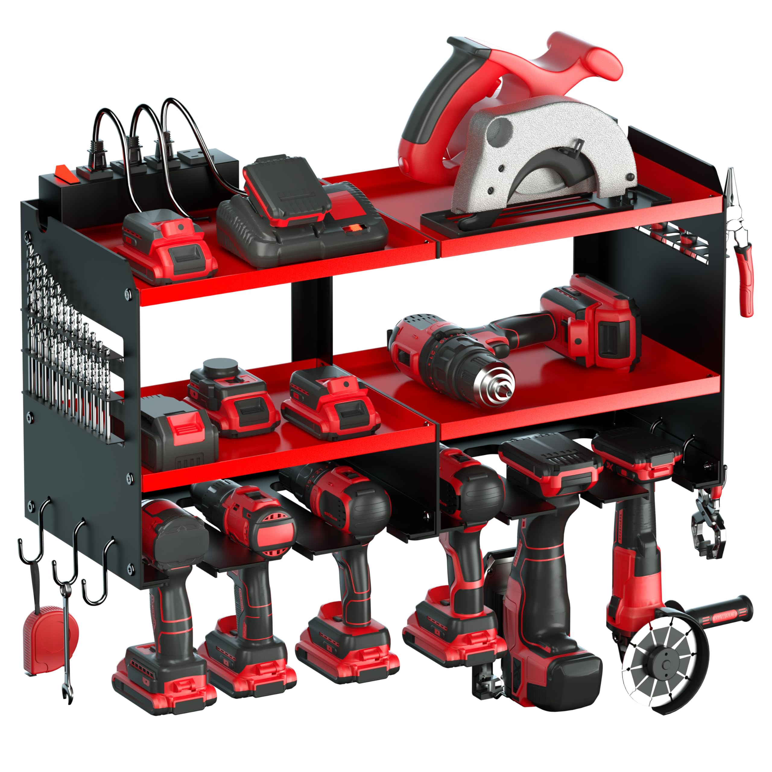 Spampur Power Tool Organizer with Charging Station, 6 Drill Holders Wall Mount, Heavy Duty Metal Premium Garage Tool Shelf, Gift for Man Cordless Tool Storage Rack with 4 Outlet Power Strip - Red