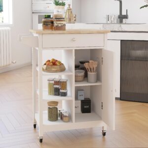 RASOO Kitchen Cart with Storage White Small Narrow Island Cart on Wheels Wood Top Storage Cabinet with Single Door and One Drawer Solid & 2 Open Shelves