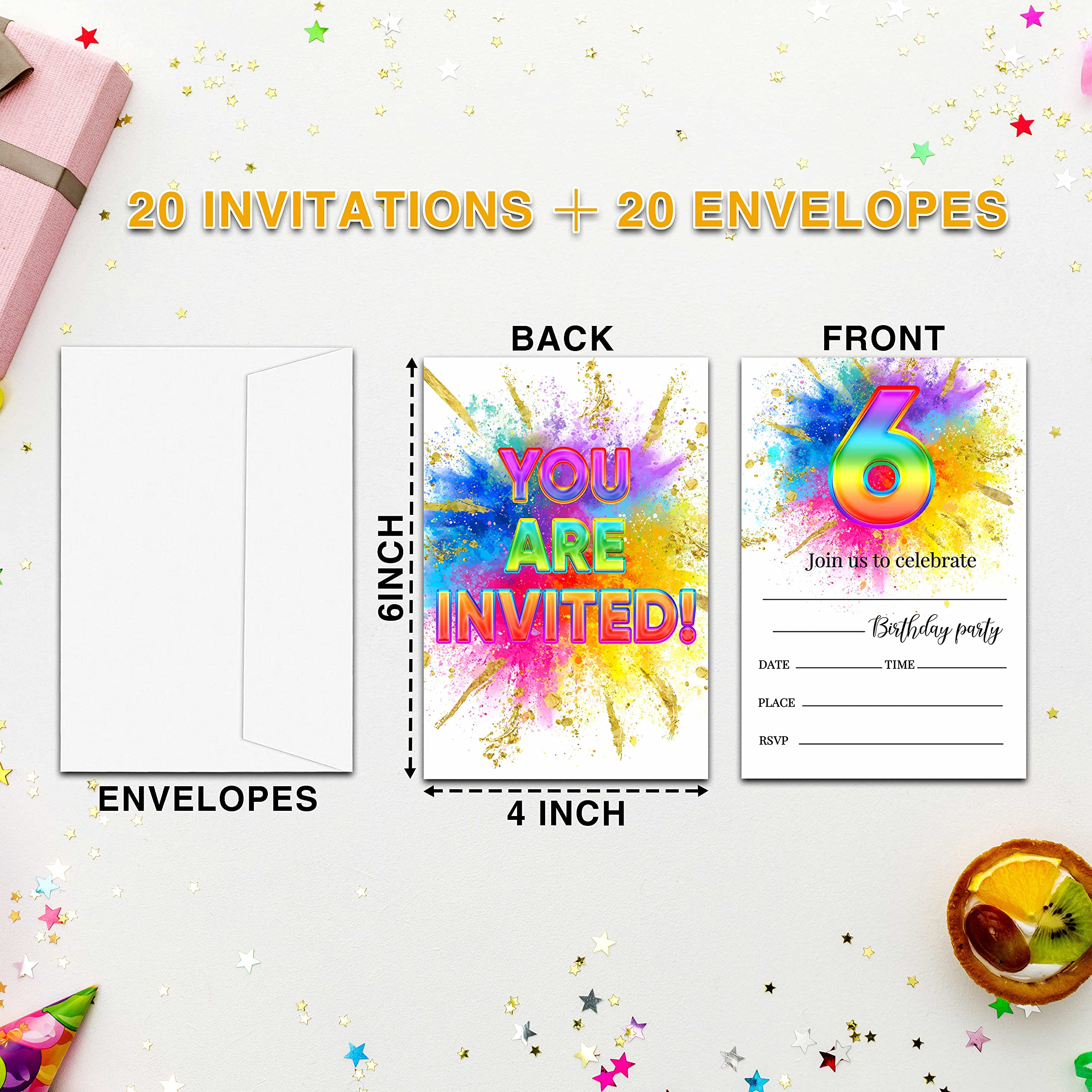 Ycyfckdr 6th Birthday Invitations for Kids, Rainbow Painting Birthday Party Invitation Cards, Gold Foil Party Celebration Supplies Decoration -20 Fill in Invitations with Envelopes (A02)