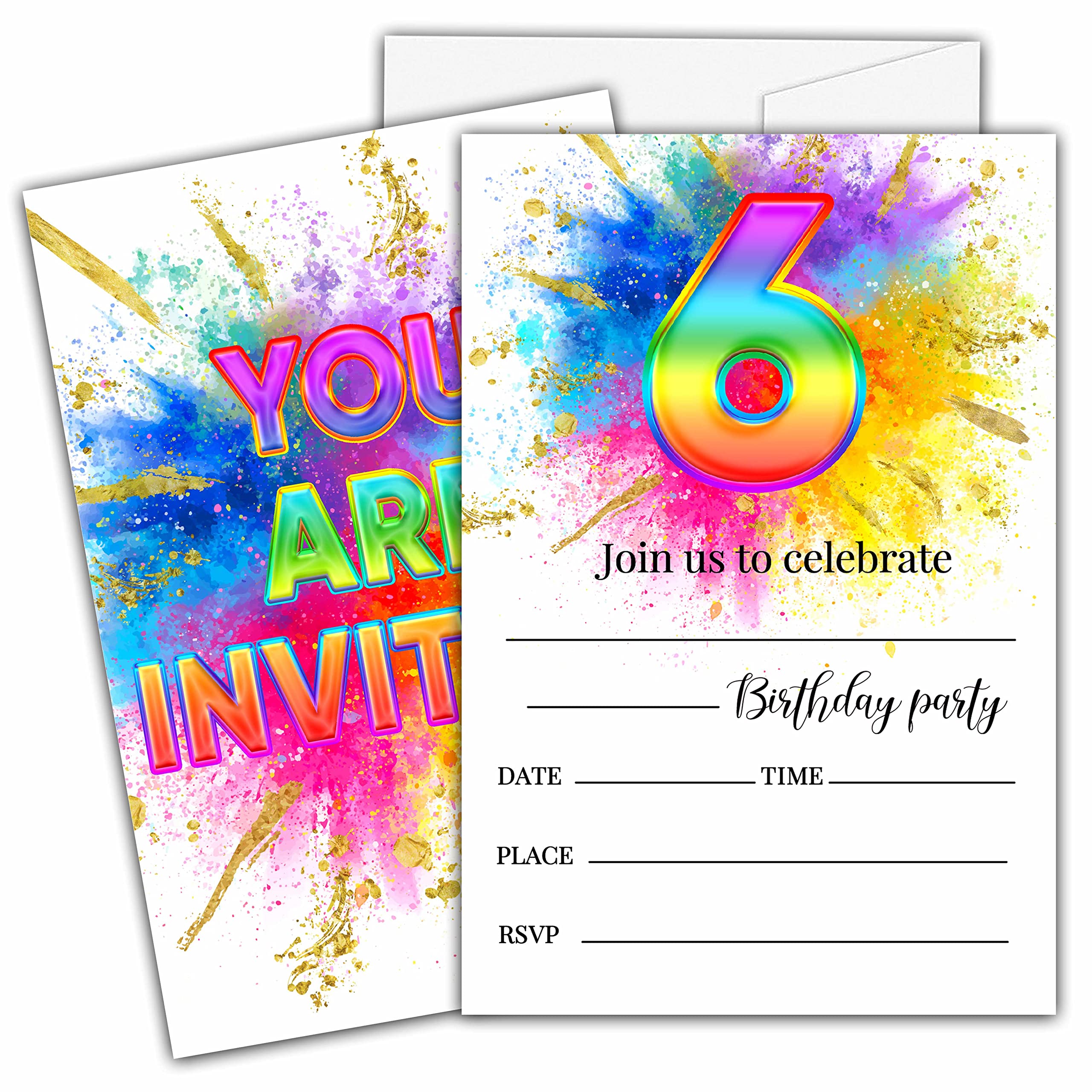 Ycyfckdr 6th Birthday Invitations for Kids, Rainbow Painting Birthday Party Invitation Cards, Gold Foil Party Celebration Supplies Decoration -20 Fill in Invitations with Envelopes (A02)