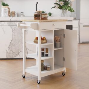 RASOO Kitchen Cart with Storage White Small Narrow Island Cart on Wheels Wood Top Storage Cabinet with Single Door and One Drawer Solid & 2 Open Shelves