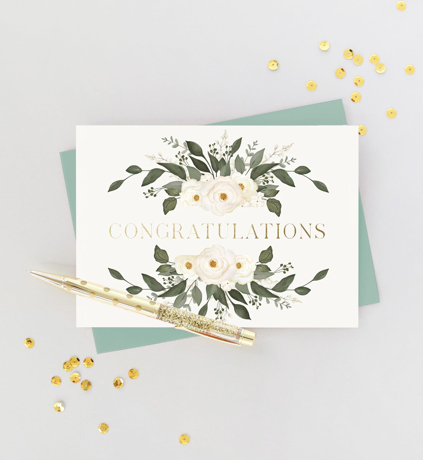 Graphique Congrats Laurels Wedding Card | Congratulations Greeting Card for Newlyweds | Couple, Bride, Groom | Glitter and Gold Foil Accents | Color-Coordinated Envelope | 5" x 7"