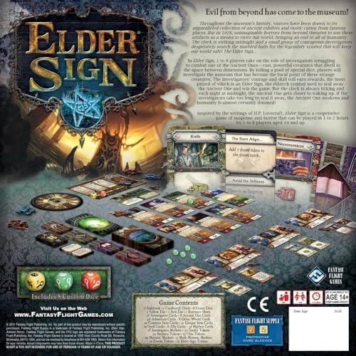 Fantasy Flight Games Elder Sign Board Game - Supernatural Intrigue, Cooperative Dice Adventure! Horror Mystery Game, Ages 14+, 1-8 Players, 1-2 Hour Playtime, Made