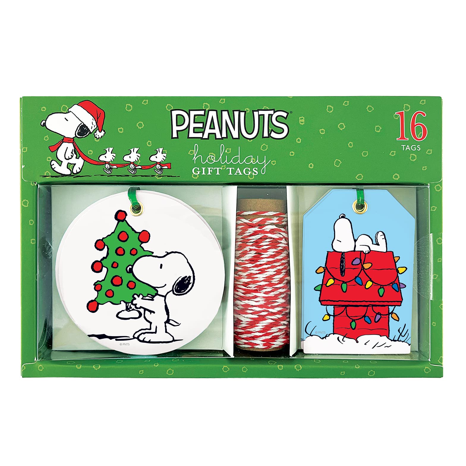 Graphique Peanuts™ Classic House Holiday Gift Tag Boxed Set | 16 Tags with Hanging Twine | 2 Unique Christmas Designs with Glitter Accents | Gift Boxes and Bags