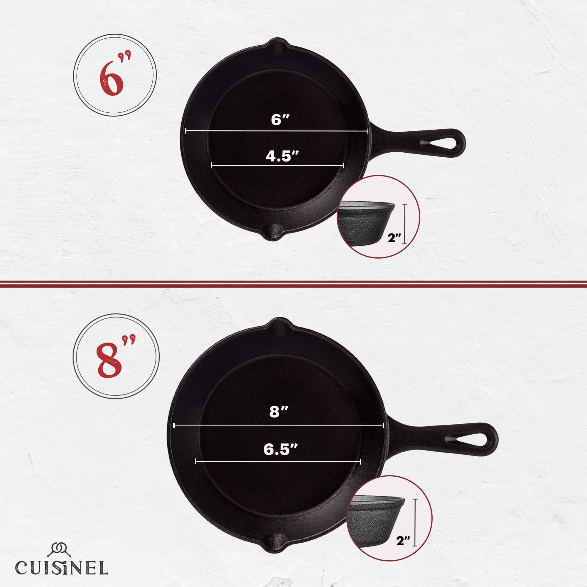 Cuisinel Cast Iron Skillets Set - 4-Piece Chef Pans Kit - 6" + 8" + 10" + 12"-Inch + 4 Silicone Grip Handle Holders - Pre-Seasoned Oven Cookware - Use Indoor/Outdoor, Grill, Stovetop, BBQ, Firepit