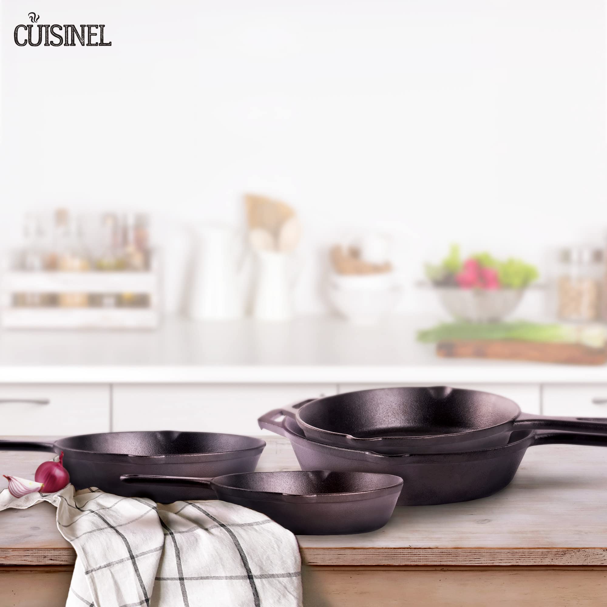 Cuisinel Cast Iron Skillets Set - 4-Piece Chef Pans Kit - 6" + 8" + 10" + 12"-Inch + 4 Silicone Grip Handle Holders - Pre-Seasoned Oven Cookware - Use Indoor/Outdoor, Grill, Stovetop, BBQ, Firepit