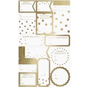 graphique shimmering white gift labels | 52 self-adhesive christmas stickers | 13 designs with gold foil accents | to and from names | for holiday wrapping paper & gift bags