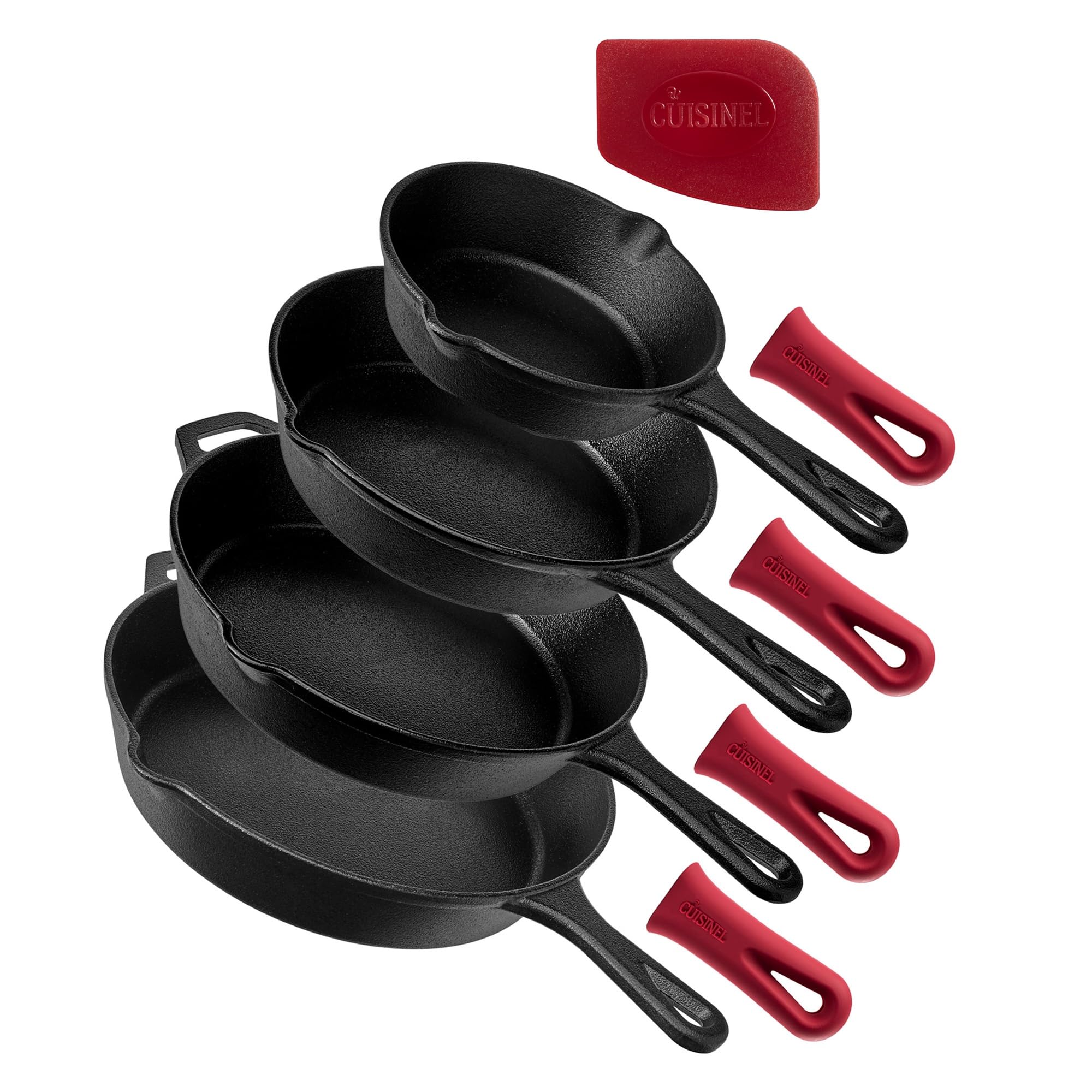 Cuisinel Cast Iron Skillets Set - 4-Piece Chef Pans Kit - 6" + 8" + 10" + 12"-Inch + 4 Silicone Grip Handle Holders - Pre-Seasoned Oven Cookware - Use Indoor/Outdoor, Grill, Stovetop, BBQ, Firepit