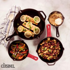 Cuisinel Cast Iron Skillets Set - 4-Piece Chef Pans Kit - 6" + 8" + 10" + 12"-Inch + 4 Silicone Grip Handle Holders - Pre-Seasoned Oven Cookware - Use Indoor/Outdoor, Grill, Stovetop, BBQ, Firepit