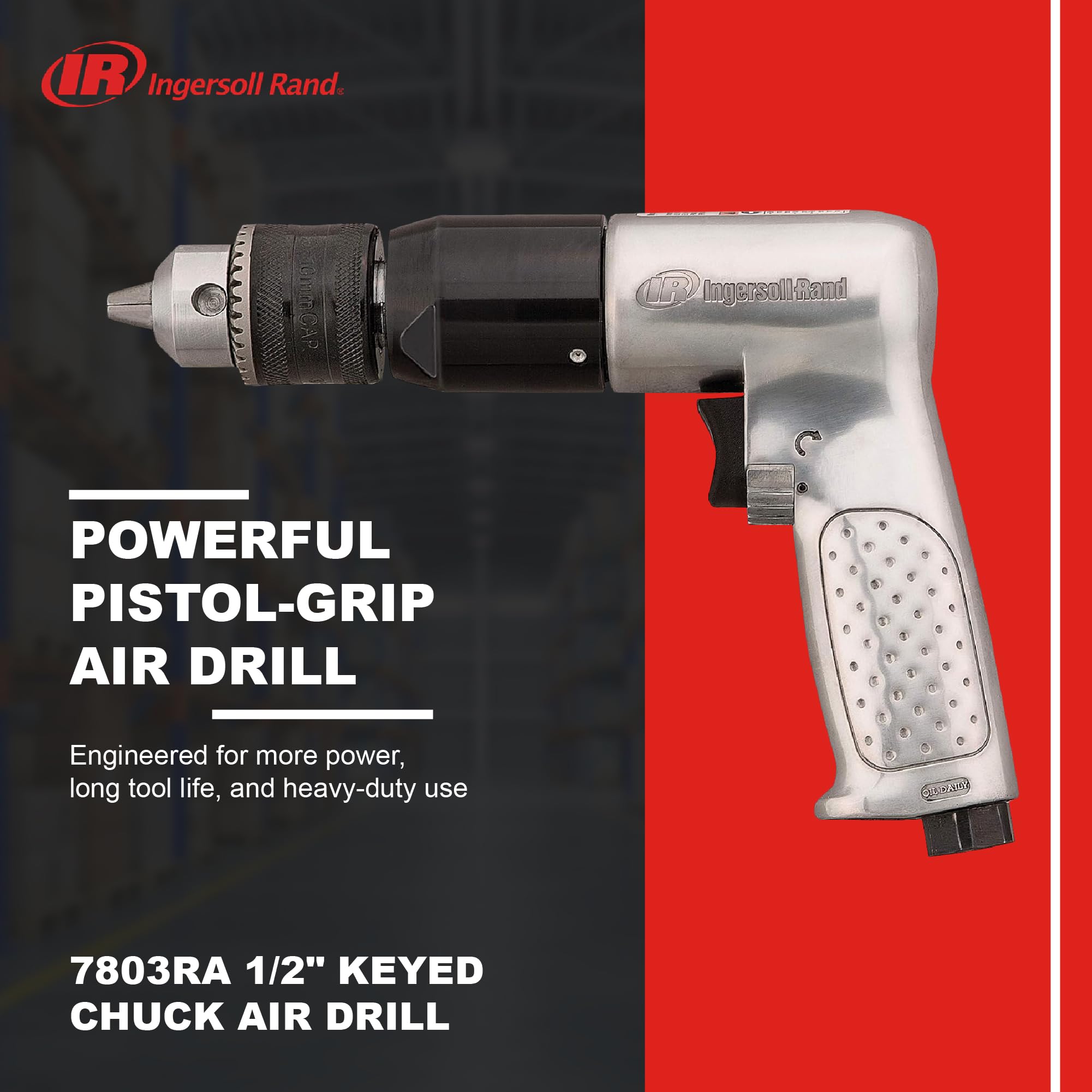 Ingersoll Rand 7803RA 1/2" Keyed Chuck Air Drill, 500 RPM, 0.5 HP, 10.6in-lb Torque, Pistol