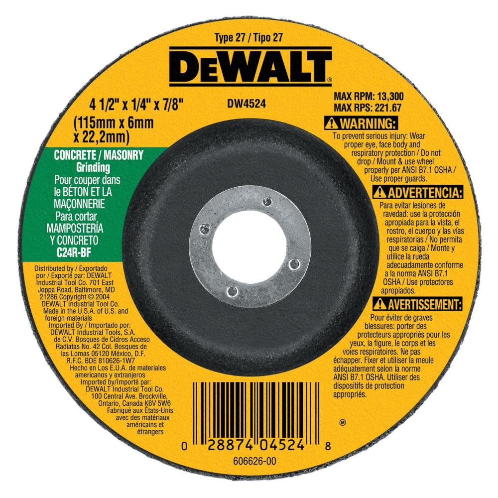 DeWalt DW4524 4-1/2" x 1/4" x 7/8" Concrete/Masonry Grinding Wheel