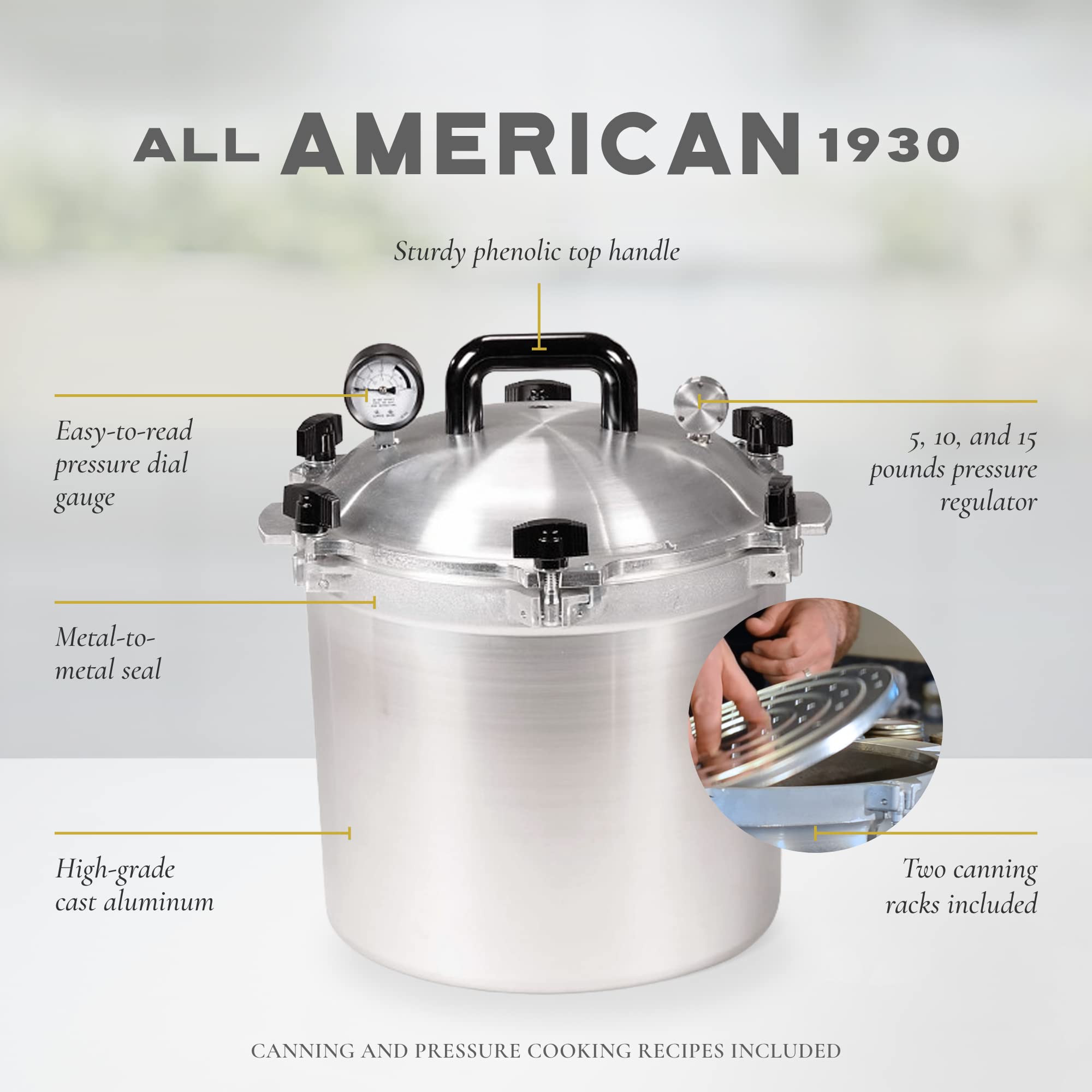 All American 1930: 21.5qt Pressure Cooker/Canner (The 921) - Exclusive Metal-to-Metal Sealing System - Easy to Open & Close - Suitable for Gas, Electric, or Flat Top Stoves - Made in the USA