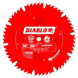 diablo combination saw blade for wood - 10" diameter, 50 atb teeth, 5/8" arbor, .098" kerf, 15° hook angle, .071" plate, 6000 max rpm - d1050x