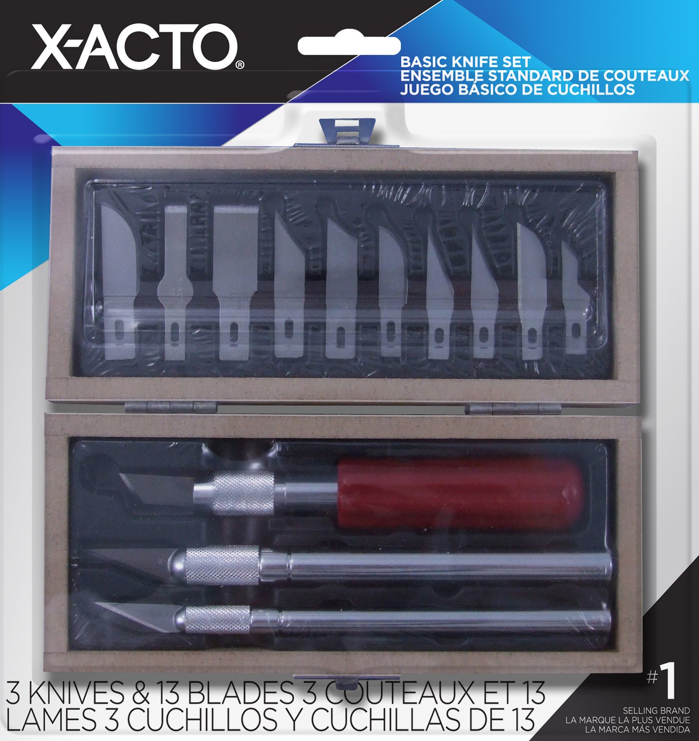 X-ACTO Basic Knife Set | Set Contains 3 Precision Knives, 10 Precision Knife Blades, Wooden Chest for Storage (14 Count)