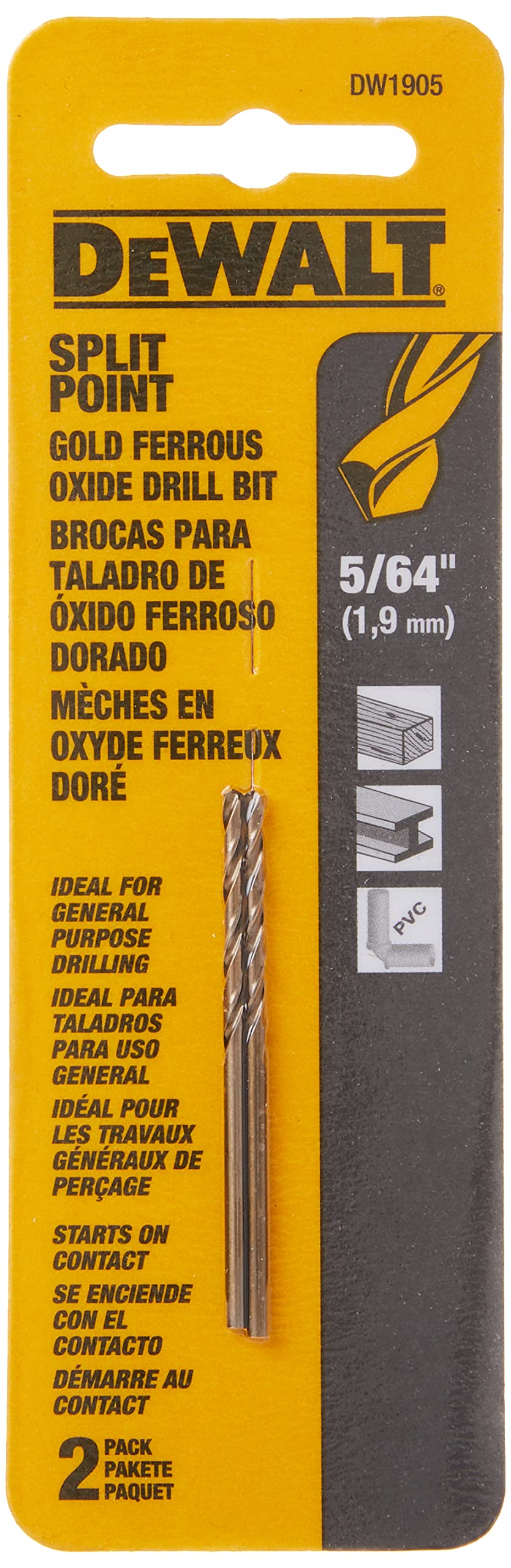 DEWALT DW1905 5/64-Inch Gold Ferrous Oxide Split Point Twist Drill Bit, 2-Pack