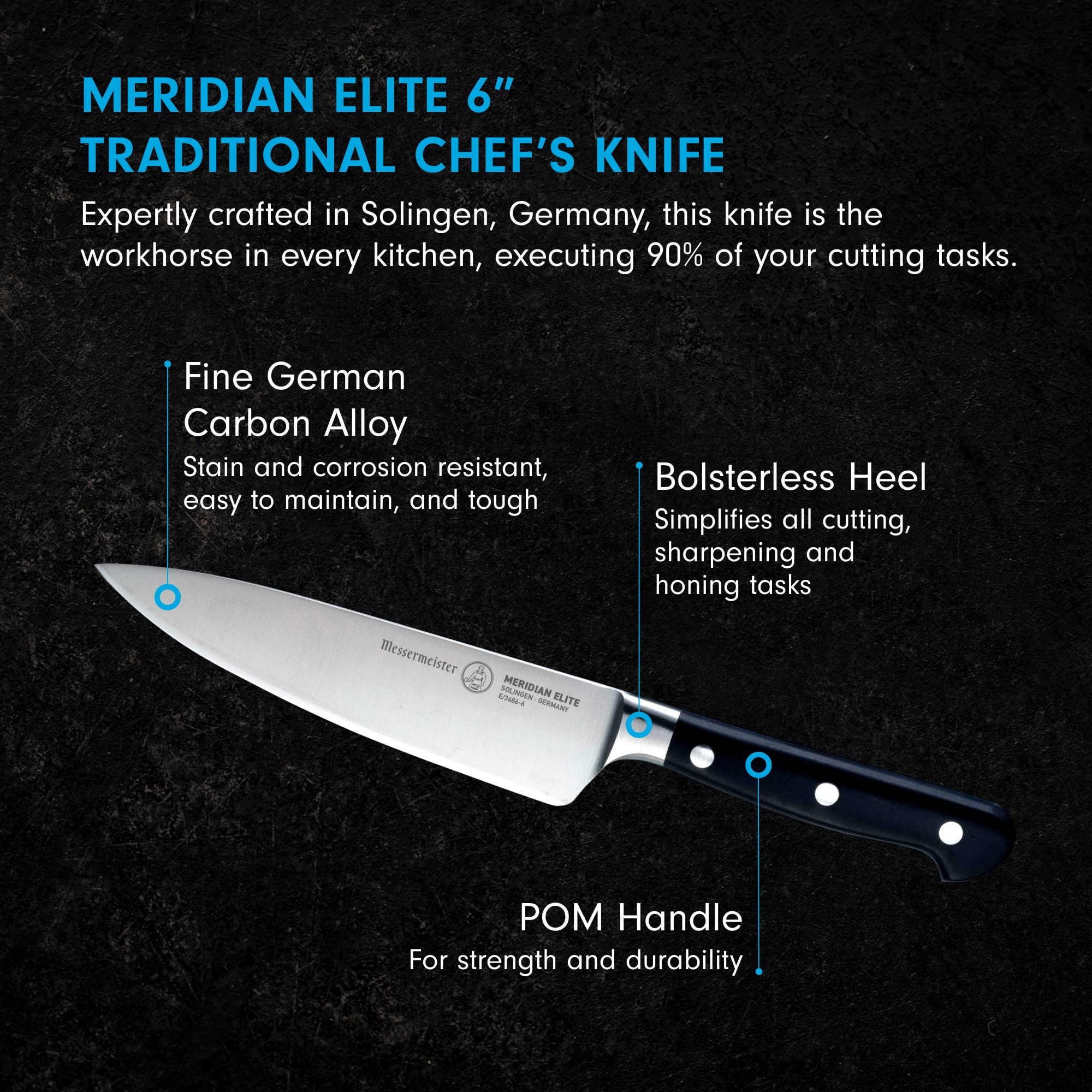 Messermeister Meridian Elite 6” Traditional Chef’s Knife - Fine German Steel Alloy Blade - Rust Resistant & Easy to Maintain