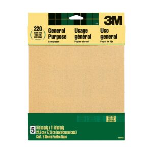 3m sandpaper, 220 grit, 5 sheets, 9 in x 11 in, sands paint, wood & metal, great for general purpose sanding, very fine aluminum oxide sand paper (9000na-20)