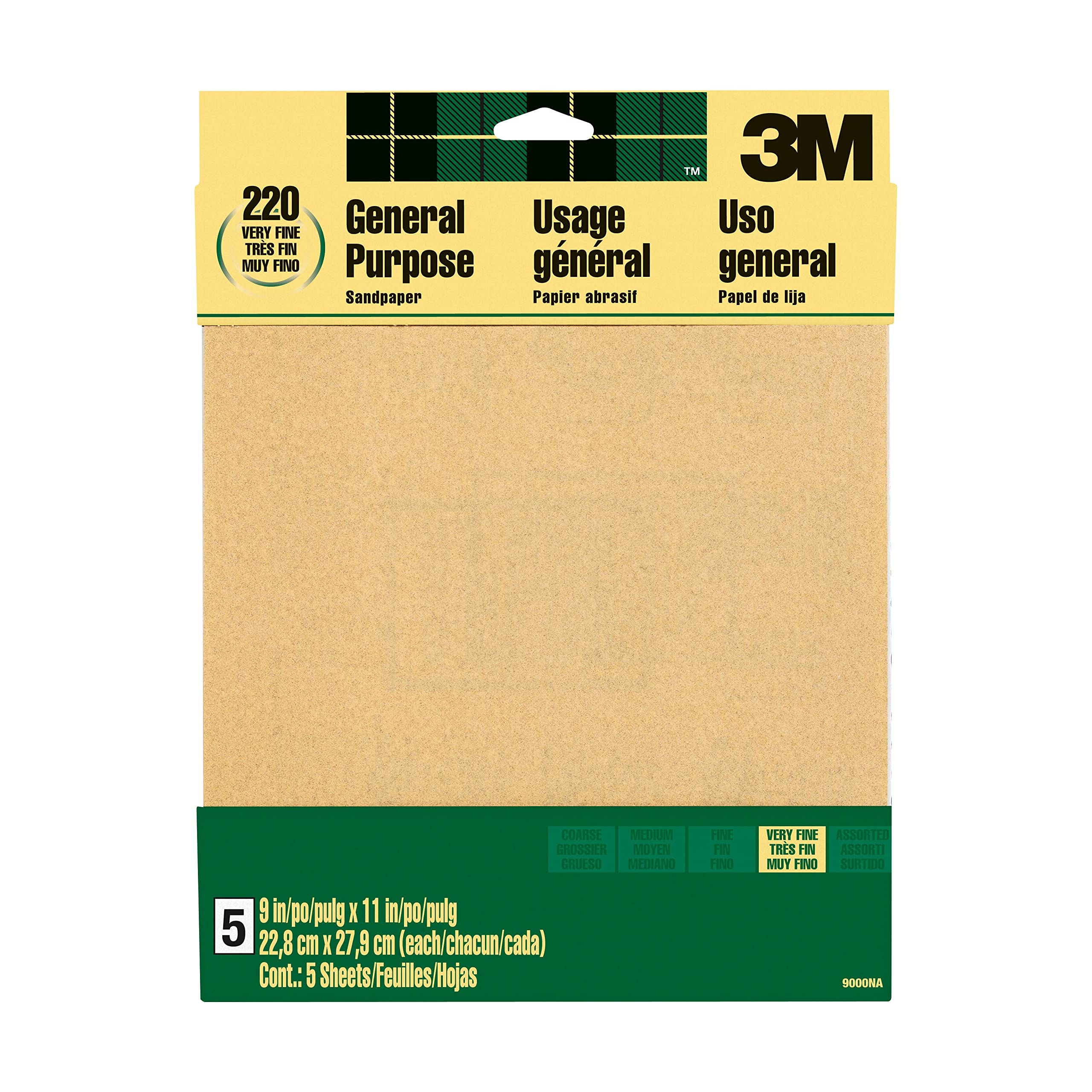 3M Sandpaper, 220 Grit, 5 Sheets, 9 in x 11 in, Sands Paint, Wood & Metal, Great For General Purpose Sanding, Very Fine Aluminum Oxide Sand Paper (9000NA-20)